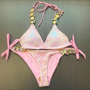 Pink Sequin Triangle Tie Side Bikini Swimsuit Two-piece Sexy 💎 Jewels Gems